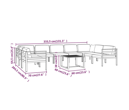 Set muebles de jardín 10 pzas y cojines aluminio gris antracita