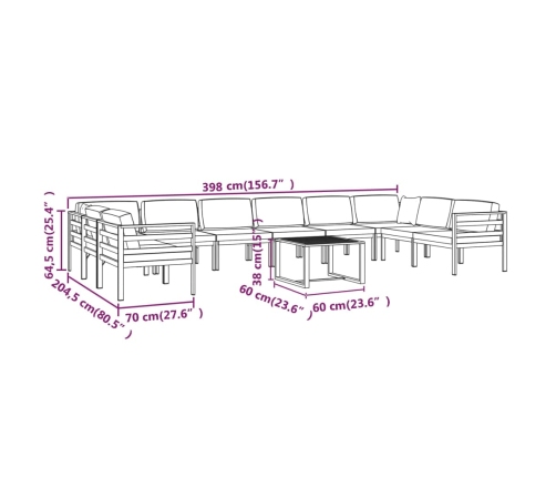 Set muebles de jardín 11 pzas y cojines aluminio gris antracita