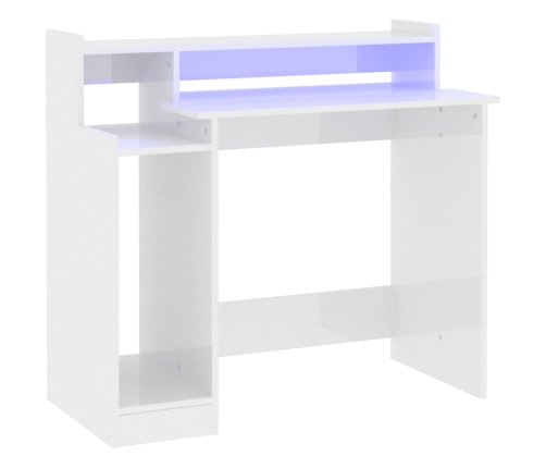 Escritorio LED madera contrachapada blanco brillo 97x45x90 cm