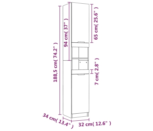 Armario de baño madera contrachapada blanco 32x34x188,5 cm