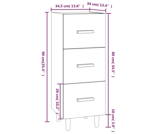 Aparador de madera contrachapada blanco brillante 34,5x34x90 cm