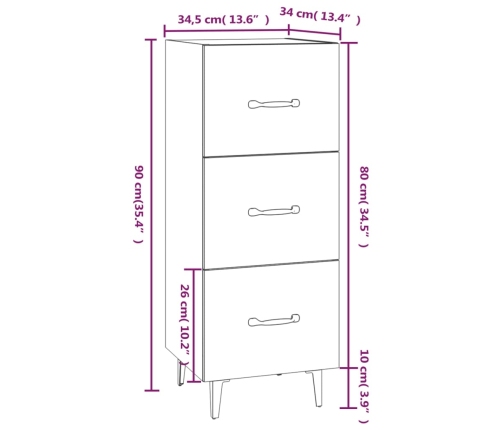 Aparador de madera contrachapada blanco brillante 34,5x34x90 cm