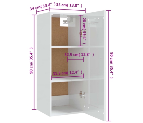 Armario colgante madera de ingeniería blanco brillo 35x34x90 cm