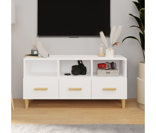 Mueble de TV madera contrachapada blanco brillo 102x36x50 cm