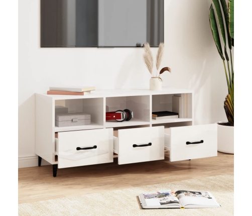 Mueble de TV madera contrachapada blanco brillo 102x35x50 cm