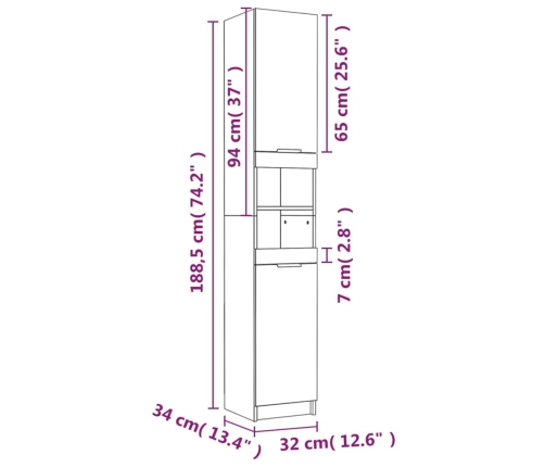 Armario de baño madera contrachapada gris Sonoma 32x34x188,5 cm