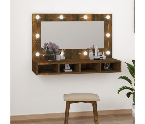 Mueble con espejo y LED color roble ahumado 90x31,5x62 cm