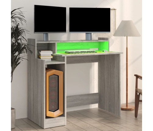 Escritorio con LED madera contrachapada gris sonoma 97x45x90 cm