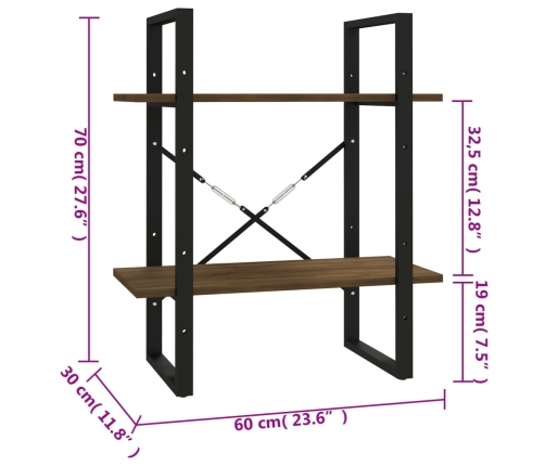 Estantería contrachapada 2 niveles roble marrón 60x30x70 cm