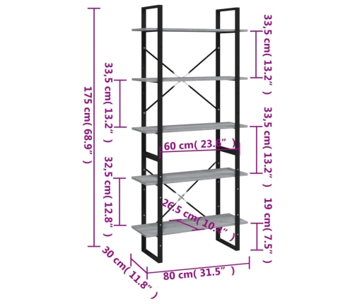 vidaXL Estantería de 5 niveles contrachapada gris Sonoma 80x30x175 cm