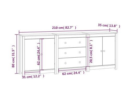 Aparador de madera maciza de pino 210x35x80 cm