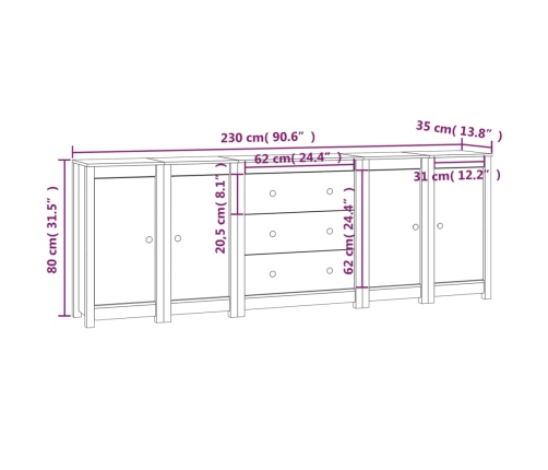 Aparador de madera maciza de pino blanco 230 x 35 x 80 cm