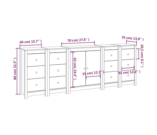 Aparador de madera maciza de pino negro 230 x 35 x 80 cm