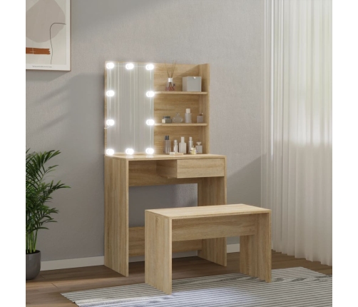 Set de tocador con LED madera contrachapada roble Sonoma