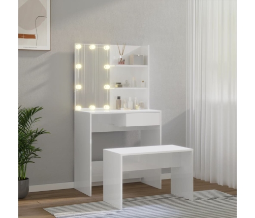 Juego de tocador con LED madera contrachapada blanco brillante