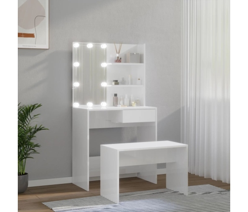 Juego de tocador con LED madera contrachapada blanco brillante