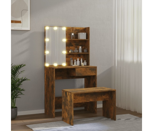 Juego de tocador con LED madera contrachapada roble ahumado