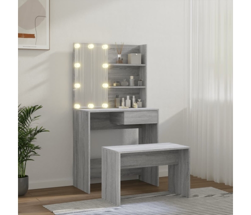 Juego de tocador con LED madera contrachapada gris Sonoma