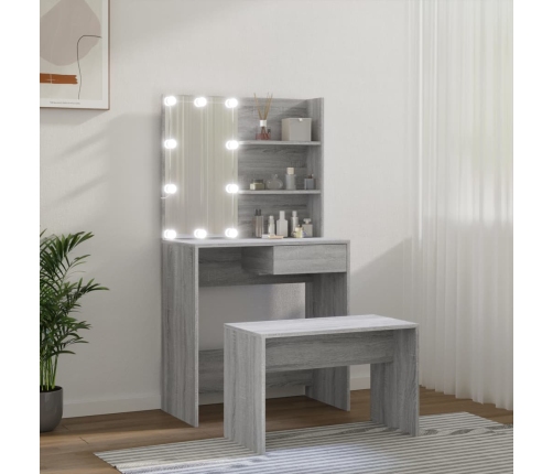 Juego de tocador con LED madera contrachapada gris Sonoma