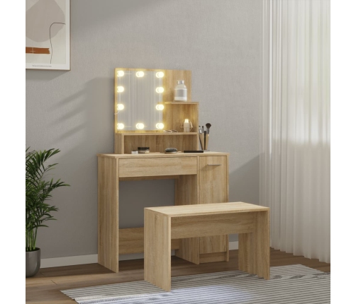 Juego de tocador con LED madera contrachapada roble Sonoma