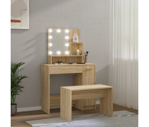 Juego de tocador con LED madera contrachapada roble Sonoma