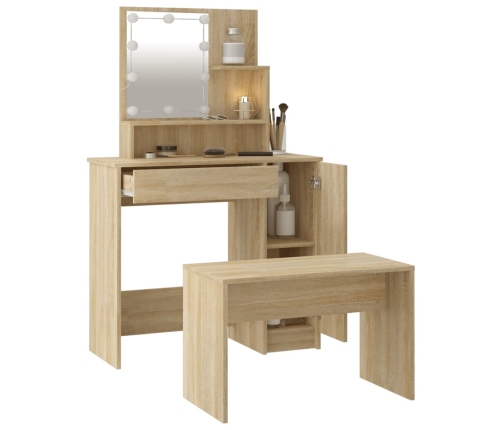 Juego de tocador con LED madera contrachapada roble Sonoma