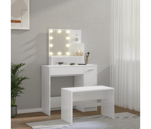 Juego de tocador con LED madera contrachapada blanco brillante