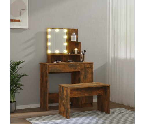 Juego de tocador con LED madera contrachapada roble ahumado