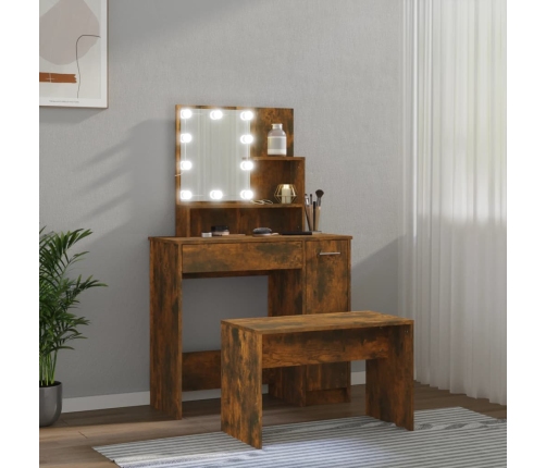 Juego de tocador con LED madera contrachapada roble ahumado