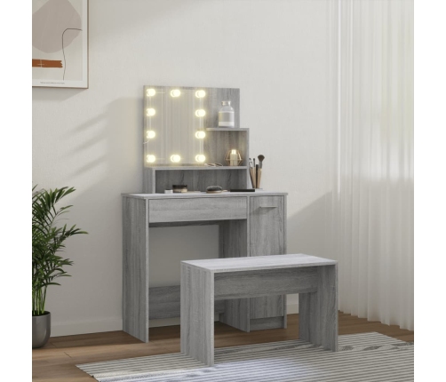 Juego de tocador con LED madera contrachapada gris Sonoma