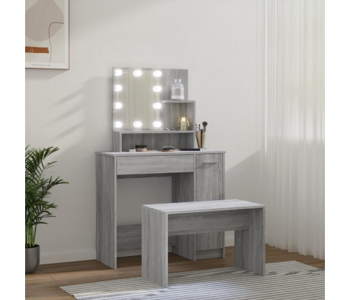 Juego de tocador con LED madera contrachapada gris Sonoma