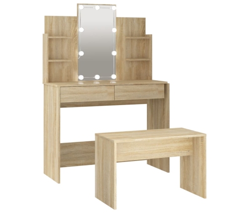 Juego de tocador con LED madera contrachapada roble Sonoma