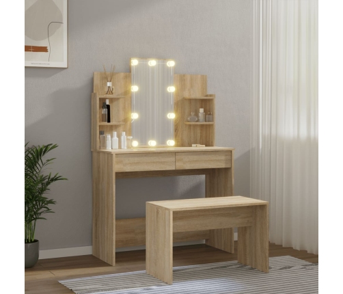 Juego de tocador con LED madera contrachapada roble Sonoma