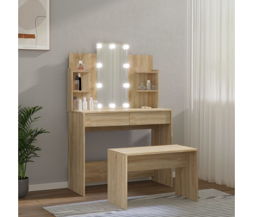 Juego de tocador con LED madera contrachapada roble Sonoma