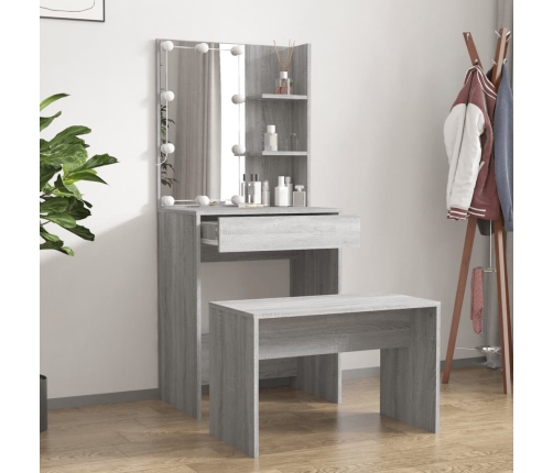 Juego de tocador con LED madera contrachapada gris Sonoma