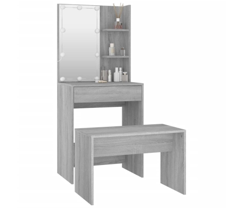 Juego de tocador con LED madera contrachapada gris Sonoma