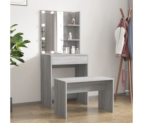 Juego de tocador con LED madera contrachapada gris Sonoma