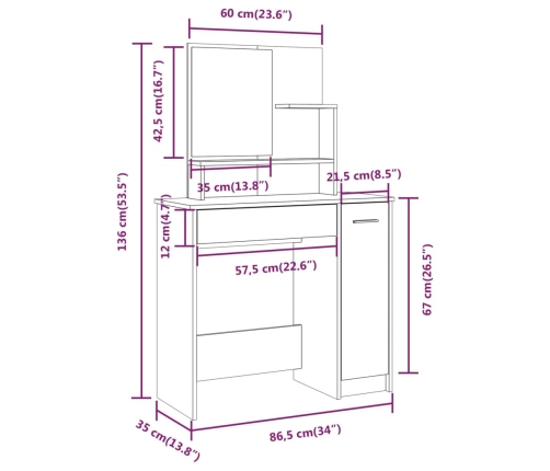 Juego de tocador blanco 86,5x35x136 cm