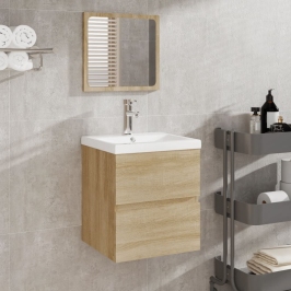 Armario de lavabo con lavamanos y espejo color roble sonoma