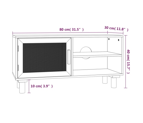 Mueble para TV madera maciza pino y ratán natural 80x30x40 cm