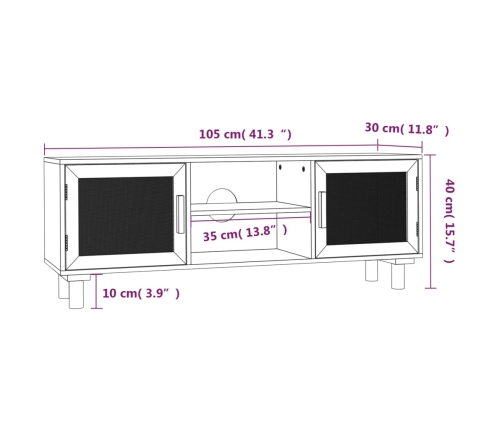 Mueble para TV madera maciza pino y ratán natural 105x30x40 cm