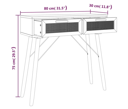 Mesa consola madera pino maciza blanco ratán natural 80x30x75cm