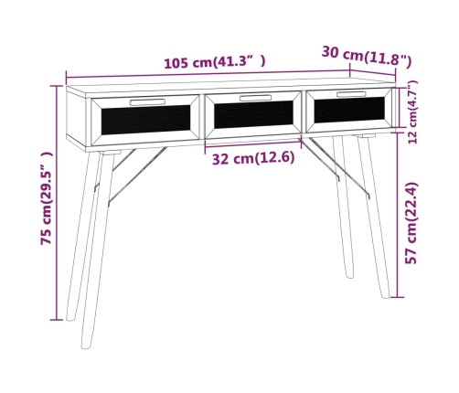 vidaXL Mesa consola madera pino maciza ratán natural 105x30x75 cm