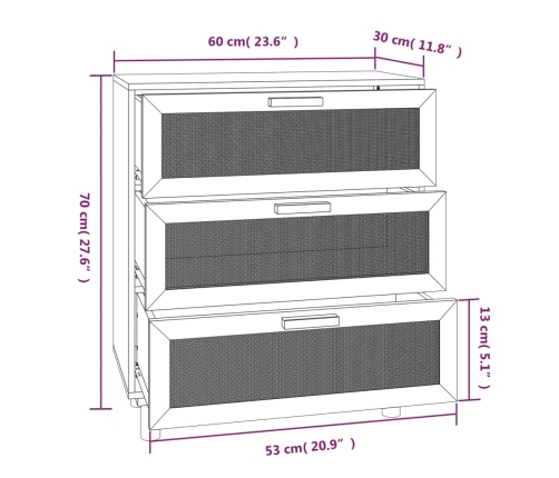 Aparador marrón madera pino maciza y ratán natural 60x30x70 cm