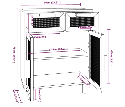 Aparador marrón madera pino maciza y ratán natural 60x30x75 cm