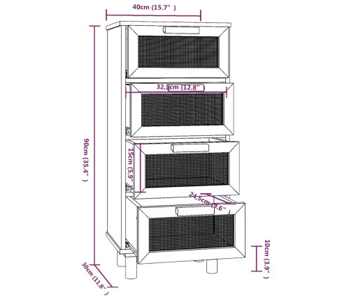 Aparador marrón madera pino maciza y ratán natural 40x30x90 cm