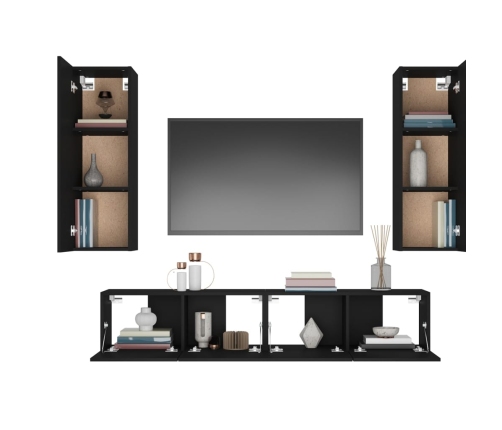 Set de muebles para TV 4 piezas madera contrachapada negro