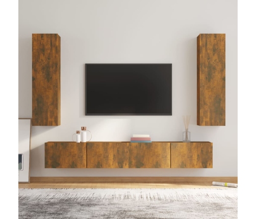 Set de muebles de TV 4 pzas madera contrachapada roble ahumado