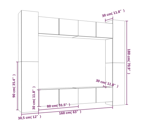 Set de muebles para TV 8 piezas madera contrachapada negro