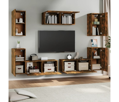 Set de muebles de TV 7 pzas madera contrachapada roble ahumado